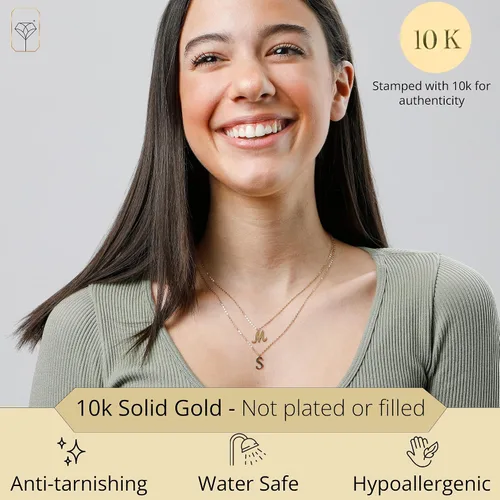 Vista 2 de MAX + STONE Collar extensible de oro blanco o amarillo sólido de 10 quilates, con letra inicial delicada, 16+2 pulgadas, Metal