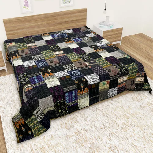 Vista 2 de Marubhumi Colcha india hecha a mano de seda india Sari Kantha acolchado patchwork (negro, individual (60 x 90 pulgadas)