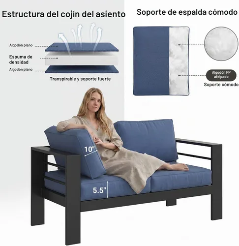 Vista 5 de Solaste Muebles de sofá de aluminio para patio, resistentes a la intemperie, azul Negro+Azul