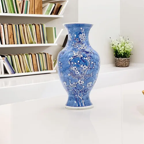 Vista 6 de Galt International Jarrón de Cerámica Floral de Grulla Chinoiserie Blanco y Azul de 14" - Jarrón Antiguo Pintado a Mano de Porcelana Estilo Chino