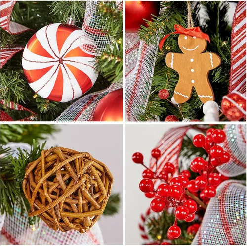 Vista 7 de WBHome Árbol de Navidad artificial preiluminado de 7 pies con 400 luces LED enchufables y paquete de adornos, decoraciones de Navidad con temas