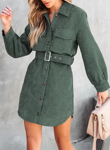 Vista 3 de Womens Corduroy Dress Shacket Jacket Shirts Lapel Long Sleeve Belted Casual Fall Winter Button Down Dress Pocket