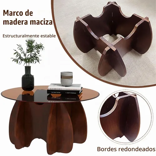 Vista 4 de Mesa de centro redonda de cristal, 30 pulgadas de diámetro, tapa templada marrón con patas de madera maciza de nogal, caballete central moderno