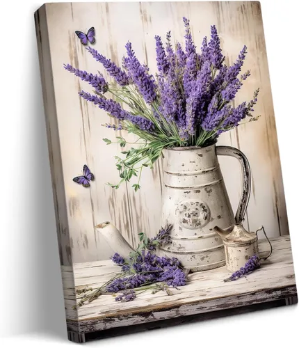 Vista 18 de gaosoul Arte de Pared de Lienzo de Granja Pintura de Campo Francés con Ramo de Lavanda Mariposas Fondo de Madera Envejecida Póster Floral Enmarcado