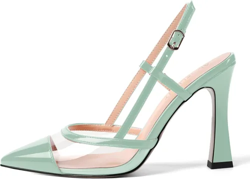 Vista 2 de AMBELIGHT Zapatos de vestir con puntera puntiaguda transparente para mujer, sandalias de charol grueso para citas, zapatos de tacón alto de aguja