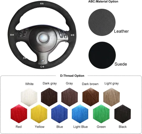 Vista 2 de MEWANT - Funda de piel genuina con gamuza cosida a mano para volante BMW 3 Series E46 E46 / 5 2004-2005 / 5 Series E39 2002-2003 / M3 2001-2006