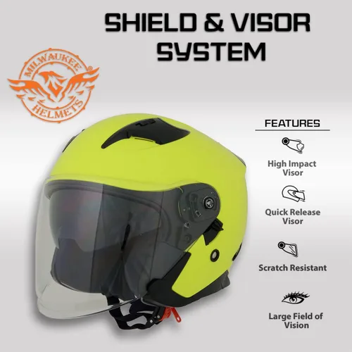 Vista 4 de Milwaukee Helmets MPH9823DOT 'Shift' - Casco de cara abierta 3/4 amarillo neón para hombres y mujeres con visera tintada desplegable