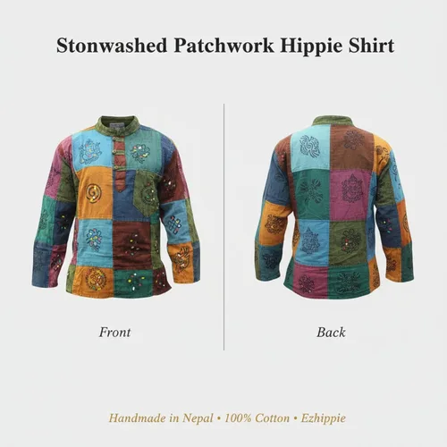 Vista 5 de Shopoholic Fashion Mens Boho Patchwork Cotton Long Sleeves Stonewashed Mandarin Collar Hippie Summer Festivals Shirt