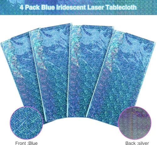 Vista 4 de Paquete de 4 manteles de plástico iridiscente brillantes desechables láser rectangulares, cubiertas de mesa, mantel de papel holográfico