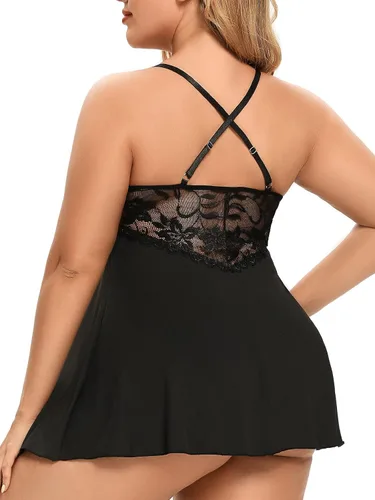 Vista 2 de Lencería sexy para mujer, talla grande, babydoll negro, cuello en V, encaje