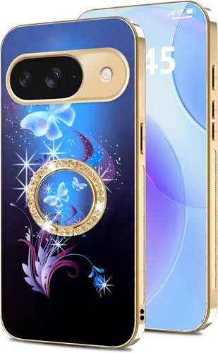 Vista 58 de nancheng Funda para Google Pixel 6 de lujo, diseño de abeja, corazón y abeja, chapado en oro, con anillo de diamante de 360°, correa de cordón