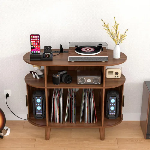 Vista 4 de LUVIOHOME Soporte redondo para tocadiscos, mesa de tocadiscos de mediados de siglo, estante para tocadiscos de vinilo con salida de corriente