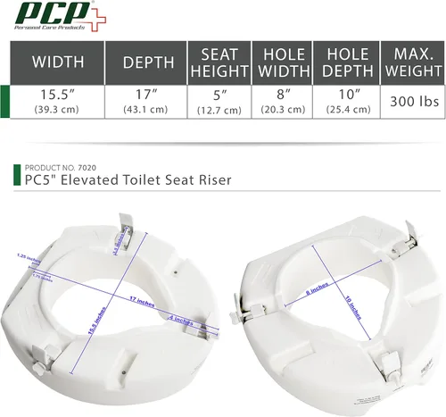 Vista 2 de PCP Asiento de inodoro elevado de 5 pulgadas, ajuste universal, elevación de altura de perfil alto, bloqueo de estabilidad de ajuste, soporte
