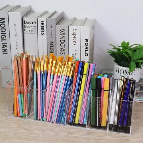 Vista 4 de Soporte acrílico para bolígrafo, 6 compartimentos, marcador de lápiz transparente, organizador de artículos de papelería para suministros de arte