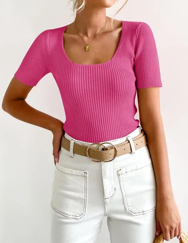 Vista 8 de ZESICA Camisetas de manga corta con cuello cuadrado para mujer, ajustadas, de verano, de punto acanalado, básicas, casuales