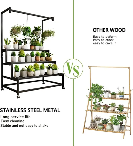 Vista 2 de Soporte de metal grande de 3 niveles, con estante alto para macetas colgantes, con rodillos resistente para plantas, para el hogar, jardín, sala
