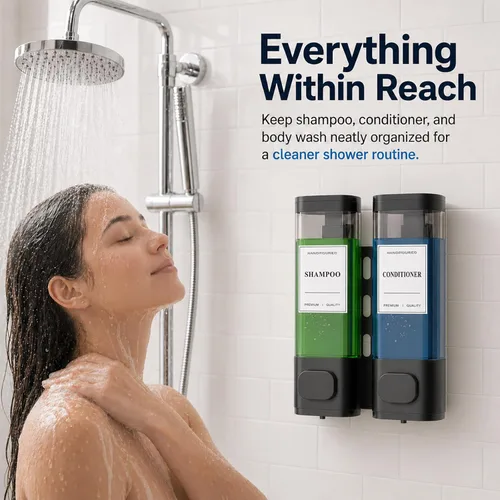 Vista 3 de Dispensador de champú y acondicionador – Dispensador de jabón de ducha montado en la pared, instalación sin taladro, con cerradura, capacidad de 900