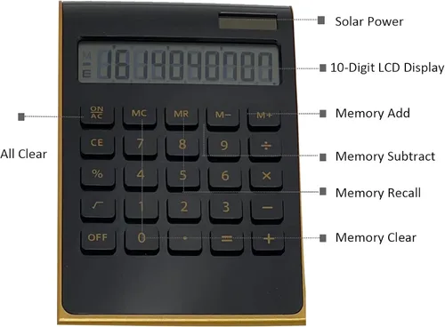Vista 3 de Solar Gold Función estándar Escritorio LCD Calculadora de 10 dígitos para oficina, hogar (negro)