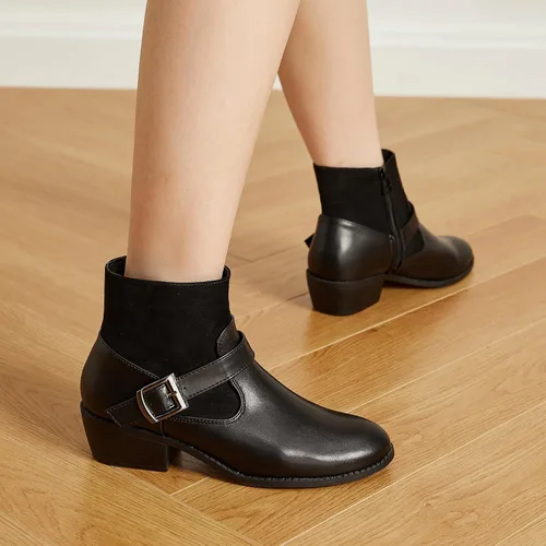 Vista 3 de Trary Botines para mujer, punta redonda, tacón bajo, botines con cremallera lateral, botines de invierno con hebilla, con forro polar