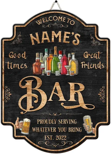 Vista 15 de Placa de pared personalizada con letrero de madera con texto en inglés "Welcome To Our Bar" (NO REAL CARVED), decoración de barra de sótano, sala