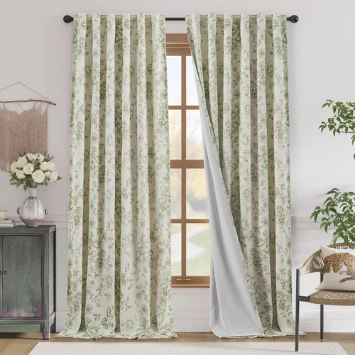 Vista 42 de Jinchan Cortinas de Mezcla de Lino con Estampado Floral para Sala de Estar, 84 Pulgadas de Largo, Cortinas con Bolsillo para Varilla y Tab Trasera