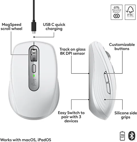 Vista 7 de Logitech MX Anywhere 3S para Mac, mouse Bluetooth inalámbrico compacto, seguimiento de 8K DPI en cualquier superficie, clics silenciosos, USB C