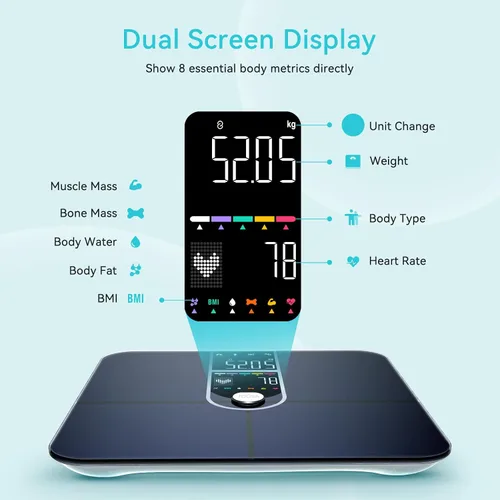 Vista 2 de Báscula inteligente para peso corporal, pantalla doble, báscula digital de baño de alta precisión, analiza 17 métricas de composición corporal