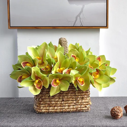 Vista 7 de Orquídeas artificiales Cymbidium - Orquídeas artificiales, 12 racimos de flores artificiales para exteriores, arbustos verdes, plantas