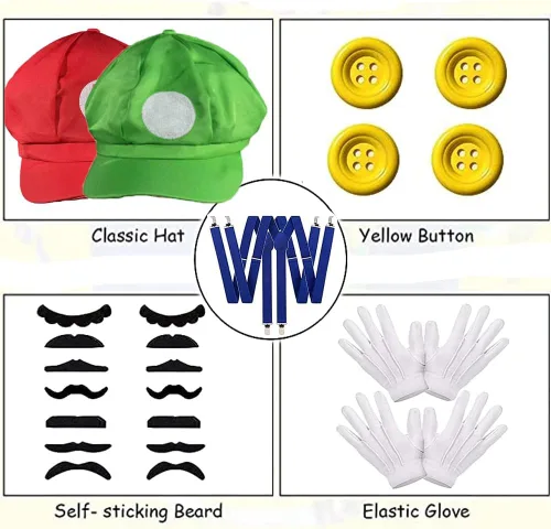 Vista 4 de IDOTTA Conjunto de disfraz de sombrero verde rojo para adultos y niños, gorra, guantes y botones para fontanero, cosplay, fiesta de Halloween