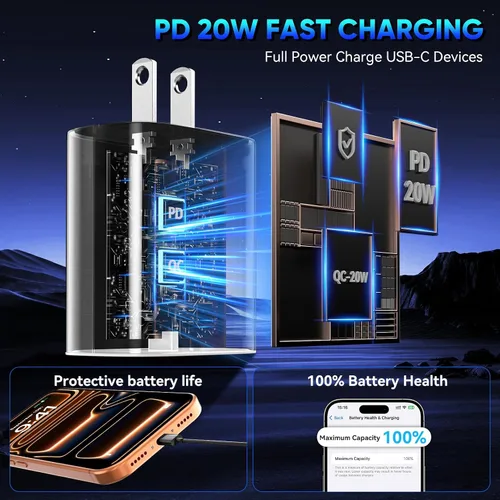 Vista 5 de Cargador para teléfono 17, 16, 15 Pro, carga rápida, 20 W, USB C, bloque de carga rápida con cargadores tipo C de 6.6 pies de largo, cable de carga