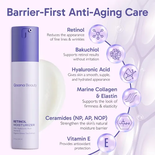 Vista 4 de Qaana Lujosa crema hidratante facial con retinol, colágeno y ácido hialurónico, crema antienvejecimiento para mujeres y hombres con colágeno