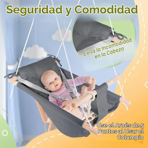 Vista 3 de Columpio para bebé interior y exterior, hamaca de lona para bebé a niño pequeño con asiento cómodo, juguete de madera Macaroon, arnés ajustable de 5