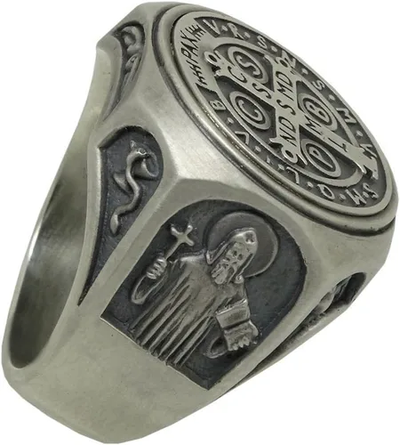 Vista 8 de Anillo de plata de ley 925 de San Benito para hombre, exorcismo católico cristiano, protección demoníaca
