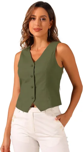 Vista 13 de Allegra K Chaleco para mujer, de verano, algodón, lino, sin mangas, con botones, cuello en V, totalmente forrado, chalecos recortados Negro
