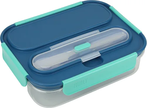 Vista 7 de BUILT Caja Bento de 2 compartimentos con bolsa de hielo y utensilios de acero inoxidable, contenedor de comida de viaje reutilizable con tapa