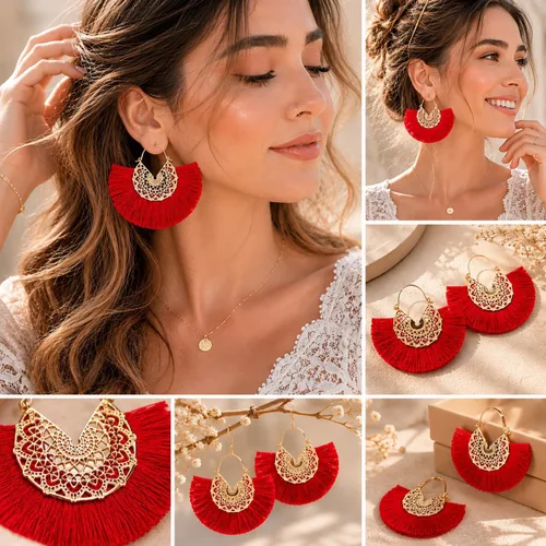 Vista 2 de Aretes de aro con borla, aretes colgantes de hilo de declaración, elegantes aretes largos con flecos, ligeros, largos y con gancho francés, para un