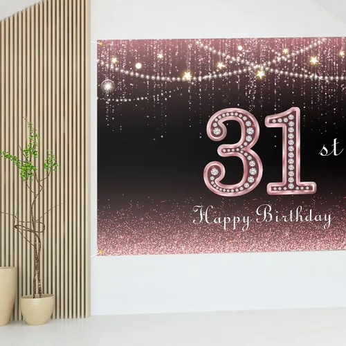 Vista 7 de HAMIGAR Fondo de pancarta de feliz cumpleaños número 31 de 6 x 4 pies, decoraciones de cumpleaños de 31 años, suministros de fiesta para mujeres