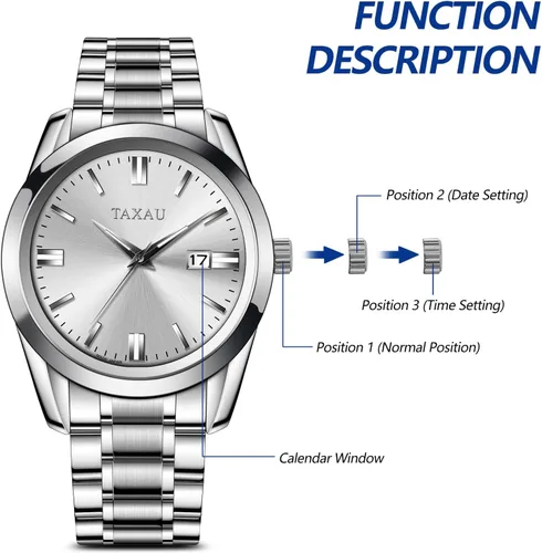 Vista 9 de Taxau Relojes analógicos de cuarzo para hombre, relojes de acero inoxidable con cara grande para hombres, relojes de pulsera para hombre con fecha