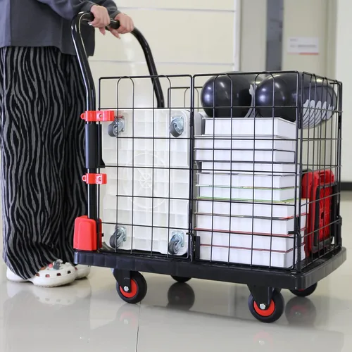 Vista 2 de Carro de mano resistente con jaula, carrito extraíble de jaula con ruedas, carga de 660 libras, carrito de comestibles multiusos, almacenamiento