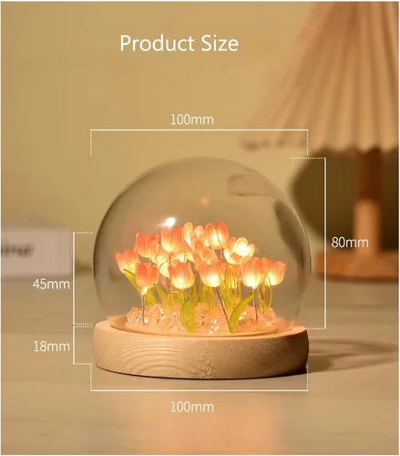 Vista 4 de Luz nocturna de tulipanes de bola de cristal, lámpara de noche de flores de bola de vidrio con base de madera, regalos de tulipanes para mujeres