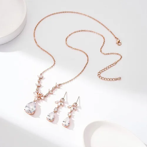 Vista 4 de SWEETV Conjuntos de joyería nupcial de boda para novias, damas de honor, collar de lágrima, aretes colgantes, conjuntos de joyas de graduación