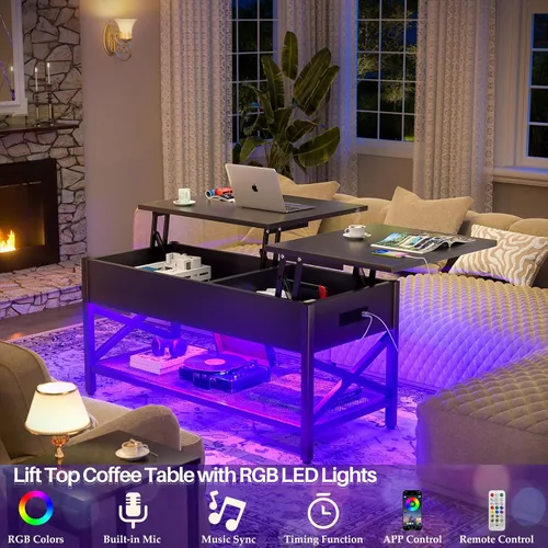 Vista 3 de Aheaplus Mesa de Centro Elevable Negra con Luz LED, Tomas de Corriente y Estante de Almacenamiento, 41.7"An x 19.69"L x 19.7"Al