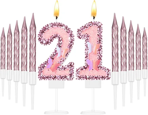 Vista 13 de Amylove Vela de cumpleaños número 0, decoración de pastel de mariposa con purpurina rosa con 10 velas delgadas, decoraciones de cumpleaños número 0