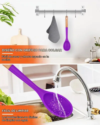 Vista 7 de Cucharas de cocina grandes de silicona, cuchara antiadherente con mango de madera maciza, cucharas de cocina de silicona resistentes al calor