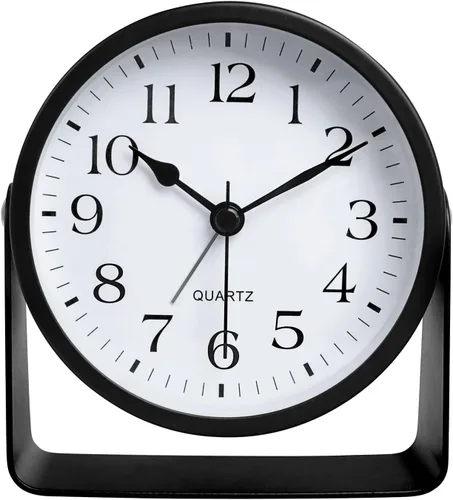 Vista 9 de Reloj despertador analógico, silencioso sin tictac, funciona con pilas con luz suave nocturna bajo demanda, reloj de escritorio de metal giratorio