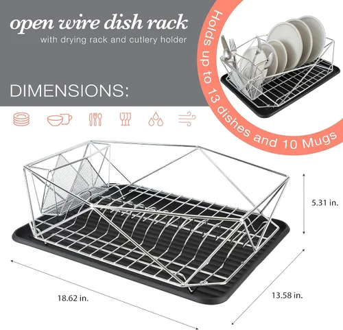 Vista 2 de Kitchen Details Geode Deluxe - Escurridor de platos con tabla de drenaje, cesta para cubiertos, soporte para utensilios, marco de hierro, cromado