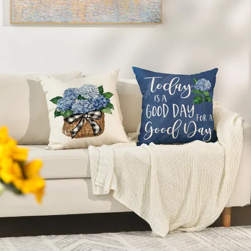 Vista 5 de AVOIN colorlife Juego de 4 fundas de almohada de hortensias azules para primavera y verano, 16 x 16 pulgadas, diseño de «Today is A Good Day»