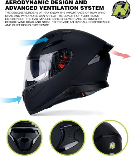 Vista 5 de Hax - Casco integral de motocicleta y de moto de calle con doble aleta trasera y clavos de plástico para Pinlock Ready, para adultos, aprobado por