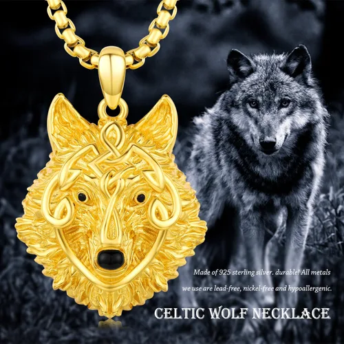 Vista 7 de Twoowl Collar de cabeza de lobo para hombre, plata de ley 925, oro con colgante de lobo, collar Fenrir nórdico pagano, joyería punk para hombres