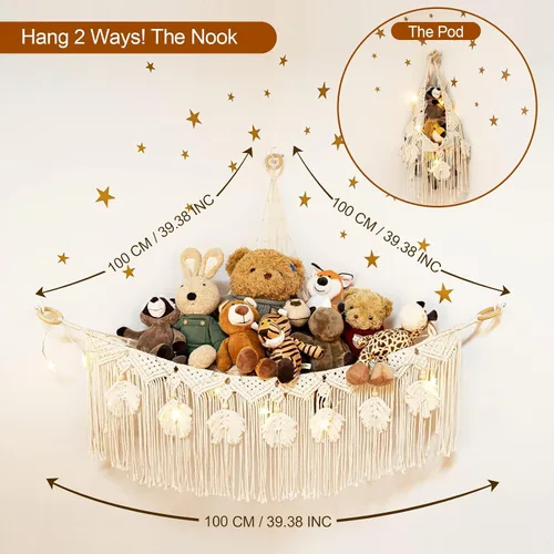 Vista 4 de ANROYE Hamaca de Red de Juguetes de Animales de Peluche de Macramé con Luz de Estrella, Almacenamiento Boho de Peluches Pequeños para Guardería